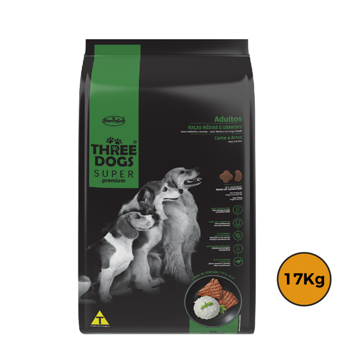 Three Dogs Super Premium Adulto Razas Medianas y Grandes 17 Kg + Regalo